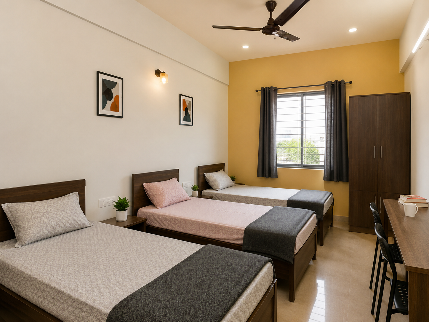 Triple sharing PG room with three single beds